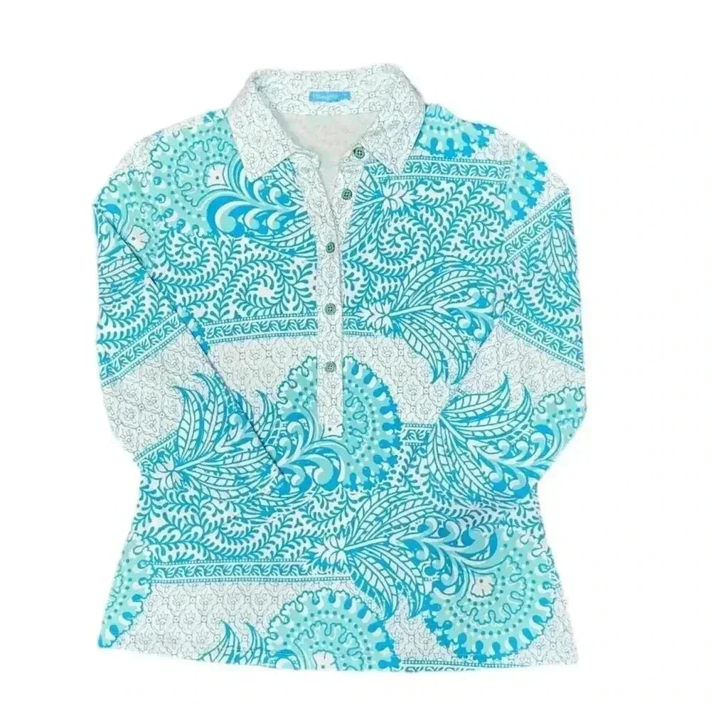 J. McLaughlin (S) Blue & White Collared 3/4 Sleeve Paisley Print‎ Golf Top